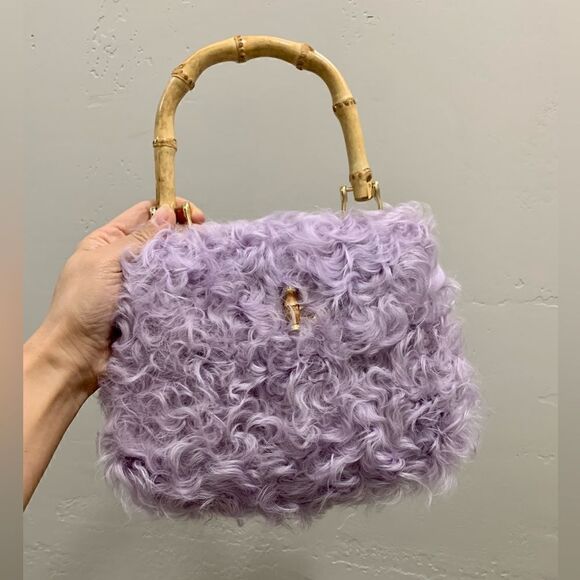 Handmade Genuine Curly Shearling Bamboo handle Bag/Shoulder Bag/Crossbody - Picture 1 of 16